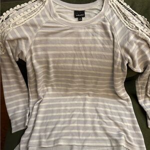 Wallpapher Cream and Gray Striped Long Sleeve Top, lace shit, lace vest, dress